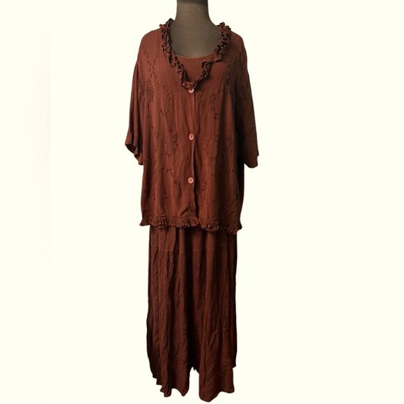 Vtg Ruffled Embroidered Romantic Blouse Maxi Dress Coord Set Size 1X Desert Boho - Picture 1 of 7